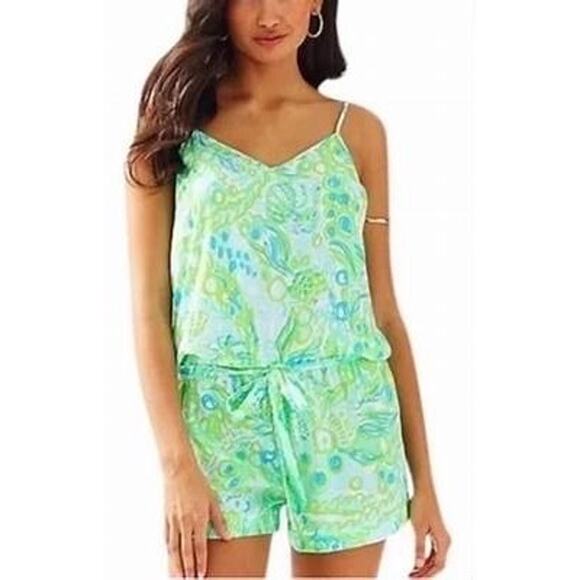 Lilly Pulitzer Deanna Pool Blue Green Any Fins Possible Romper Size Large - Picture 1 of 8